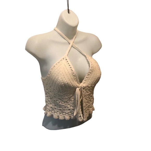 American Eagle Crochet Festival Cream Halter Top Sz. M Boho Chic Cropped Tied - Picture 3 of 10